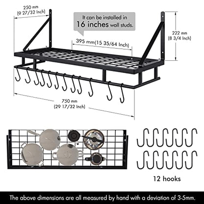  KES 30-Inch Kitchen Pan Pot Rack Wall Mounted Hanging Storage Organizer Wall Shelf With Hooks Matte Black, KUR215S75A-BK