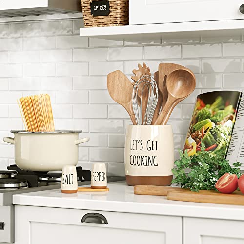  Ceramic Farmhouse Kitchen Utensil Holder For Countertop, Decorative Kitchen Utensil Holder, Large Kitchen Utensil Holder For Kitchen Counter, Utensil Crock Spatula Holder, 6.5" Cream