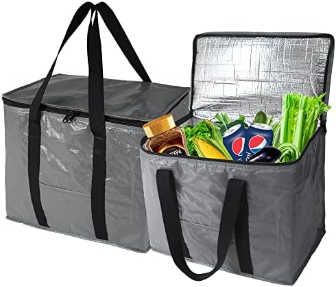  BeeGreen 2 Packs Black Insulated Grocery Bags Collapsible Shopping Cooler Thermal Tote With Zipper For Hot Cold Frozen Food Transport X-Large 60LBS Reusable Durable Long Handles Stands Upright