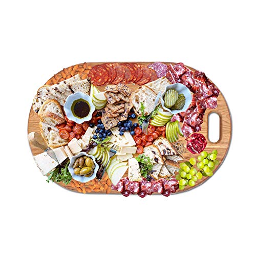  American Oak Wood Oversized Serving Board 20.5" X 13" | Extra Large Charcuterie Board | Cheese Board With Handle For Serving Cheeses, Meats, Crackers, And Wine | Unique Gift (Oval Cutting Board)