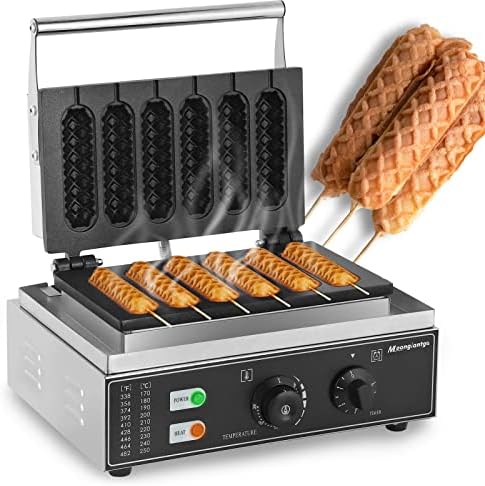  Commercial Corn Dog Waffle Maker Machine 6 PCS 1550W Hot Dog Cheese Stick Press Iron, 50-300℃ Temp Control, 5-min Timer French Muffin Cooker 110V