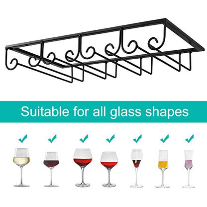  MOCOUM Under Cabinet Wine Glass Rack Stemware Rack, Wine Glasses Hanger Rack Wire Wine Glass Holder Storage Hanger For Cabinet Kitchen Bar (Black, 4 Rows 2 Pack)