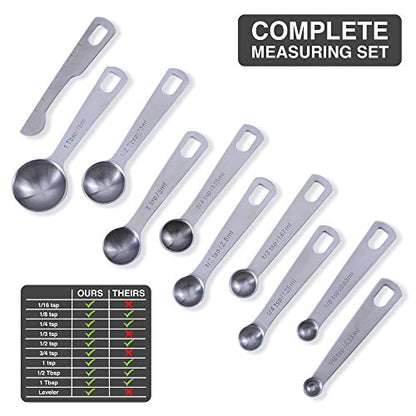  - 9 Measuring Spoons, Heavy Duty 18/8 Premium Stainless Steel Measuring Spoons Set, Spoons With US And Metric Measurements , Set Of 9 + Leveler, Measuring Tools For Dry And Liquid Ingredients