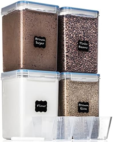  XXL 6.5L / 250 Oz X 2 & XL 5.2L / 175 Oz X 2 - WIDE & DEEP Food Storage Airtight Containers [Set Of 4] + Free 4 Measuring Cups + Labels - Ideal For Sugar, Flour Leakproof BPA Free Clear Plastic