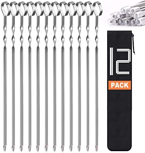  Kabob Skewers, 17" Metal Kebab Skewers Flat Long Stainless Steel Wide Reusable BBQ Barbecue Shish Kabob Sticks Skewers For Grilling Meat Shrimp Chicken Vegetable, 12 Pack Including Bonus 14" Skewers