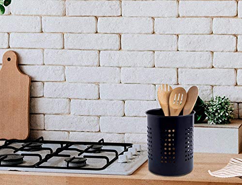  Stainless Steel Kitchen Utensil Holder - Crock Organizer Caddy - Great For Large Cooking Tools (6.3" Diameter X 7"H, Black With Holes Design)
