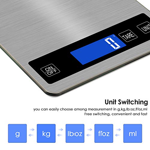  Digital Kitchen Scale 22lb/10kg Rechargeable Food Kitchen Scale With 0.04oz/1g Division, Touch Sensor, Back-Lit LCD, Stainless Steel Electric Cooking Scale With Tare & Auto Off Function (Silver)