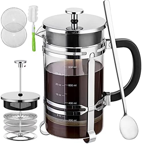  French Press Coffee Maker (34 Oz) With 4 Filters - 304 Durable Stainless Steel, Heat Resistant Borosilicate Glass Coffee Press, BPA （include 1 Cleaning Brush,1 Spoon And 2 Spare Filter Screen）