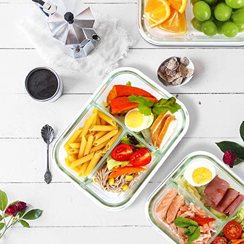  8 Pack Glass Meal Prep Containers 3 Compartment, Glass Food Storage Containers With Lids, Airtight Glass Lunch Bento Boxes, BPA-Free & Leak Proof (8 Lids & 8 Containers) - Grey