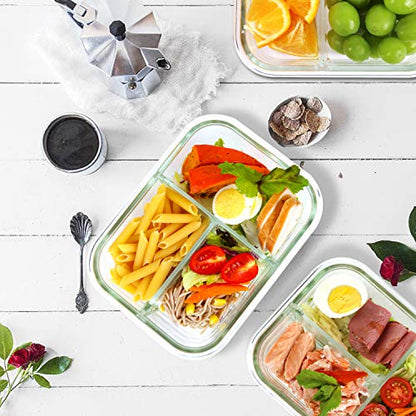  8 Pack Glass Meal Prep Containers 3 Compartment, Glass Food Storage Containers With Lids, Airtight Glass Lunch Bento Boxes, BPA-Free & Leak Proof (8 Lids & 8 Containers) - Grey