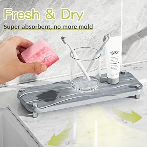  PURUSKOTO 2 Pack Instant Dry Sink Organizer For Bathroom & Kitchen, Fast Drying Stone Sink Tray, Diatomaceous Earth Bathroom Countertop Organizer, Kitchen Sponge Holder Sink Caddy,Lifstyle Drying Rack