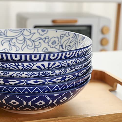  Porcelain 40oz Large Bowls 9 Inch Big Pasta Salad Bowls, Microwave And Oven Safe, Vintage Blue, Set Of 6