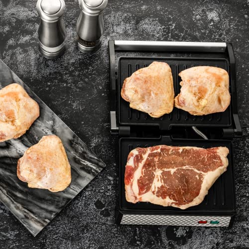  Vente Electric Panini Press Grill And Sandwich Maker With Nonstick Coated Plates, Opens 180 Degrees For Any Food, 1000W Thermostat Control Removable Drip Tray And Easy To Clean Grids, Silver GP0540BR
