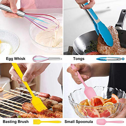  14 Pcs Cooking Utensils Set With Holder, Silicone Kitchen Cookware Utensils Set, Heat Resistant Cooking Gadget Tools Includes Spatula Spoon Turner Whisk Tong, Dishwasher Safe, Colorful