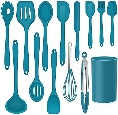  14 Pcs Cooking Utensils Set With Holder, Silicone Kitchen Cookware Utensils Set, Heat Resistant Cooking Gadget Tools Includes Spatula Spoon Turner Whisk Tong, Dishwasher Safe, Colorful