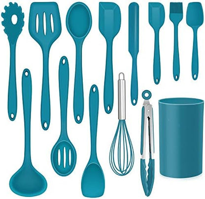  14 Pcs Cooking Utensils Set With Holder, Silicone Kitchen Cookware Utensils Set, Heat Resistant Cooking Gadget Tools Includes Spatula Spoon Turner Whisk Tong, Dishwasher Safe, Colorful