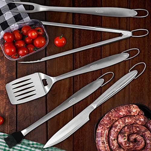  18'' Grill Set Heavy Duty Barbecue Accessories- Grill Set 5pc Grill Tools With Spatula, Fork, Knife, Brush & BBQ Tongs - Grill Gifts For Men, Stainless Steel Grill Tools