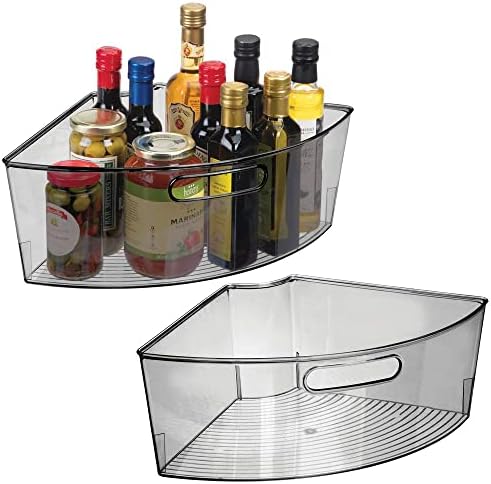  MDesign Plastic Lazy Susan Cabinet Storage Bin With Front Handle For Kitchen Countertop, Pantry, Shelf, Fridge Organization - Hold Food, Drinks, Snacks - Ligne Collection - 2 Pack - Smoke Gray Tint