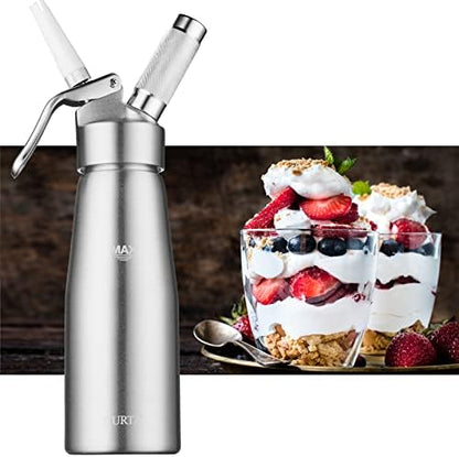  CURTA Professional Whipped Cream Dispenser, 18-8 Stainless Steel Food Grade Cream Whipper, Cream Maker With 3 Decorating Stainless Steel Nozzles, 500ml / 1 Pint Canister, N2O Chargers (Not Included)