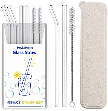  4-Pack Reusable Glass Straw With Travel Case,Size 8.5''x10 MM,Including 2 Straight And 2 Bent With 2 Cleaning Brush- Perfect For Smoothies, Tea, Juice