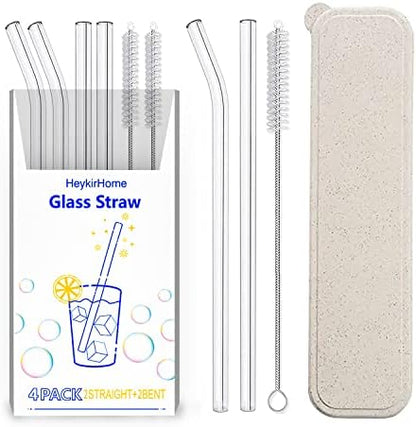  4-Pack Reusable Glass Straw With Travel Case,Size 8.5''x10 MM,Including 2 Straight And 2 Bent With 2 Cleaning Brush- Perfect For Smoothies, Tea, Juice