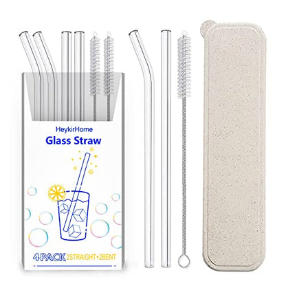  4-Pack Reusable Glass Straw With Travel Case,Size 8.5''x10 MM,Including 2 Straight And 2 Bent With 2 Cleaning Brush- Perfect For Smoothies, Tea, Juice