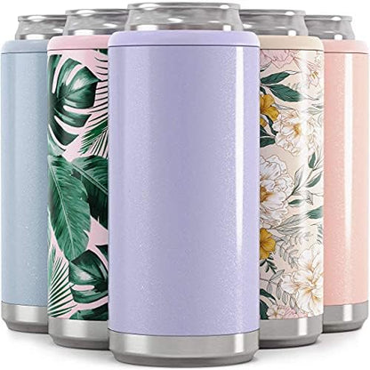  Skinny Can Cooler For Slim Beer & Hard Seltzer | Stainless Steel 12oz Sleeve, Double Wall Vacuum Insulated Drink Holder - Glitter Lilac