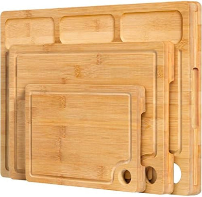  Bamboo Cutting Boards For Kitchen, (Set Of 3) Kitchen Chopping Board With 3 Built-In Compartments And Juice Groove Heavy Duty Serving Tray Wood Butcher Block And Wooden Carving Board With Hole