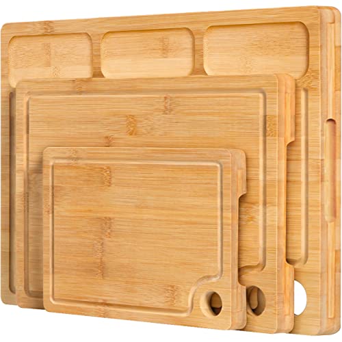  Bamboo Cutting Boards For Kitchen, (Set Of 3) Kitchen Chopping Board With 3 Built-In Compartments And Juice Groove Heavy Duty Serving Tray Wood Butcher Block And Wooden Carving Board With Hole