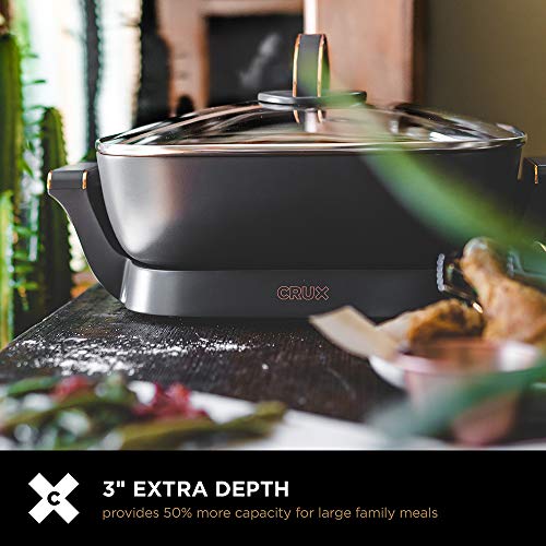  RUX Electric Skillet With Glass Lid - Nonstick Scratch Resistant Ceramic Pan, Extra Deep With Removable Temperature Probe, 12" X 12", 1400 Watts