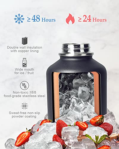  64 Oz Insulated Water Bottle With Strap & Sleeve, Half Gallon Water Jug 3 Lids Stainless Steel Multifunctional Flask BPA-Free, Keep 48H Cold 24H Hot, Compact Yoga/Gym Bottle, Black