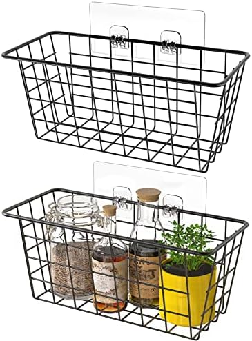  Hanging Kitchen Baskets Wire Storage Basket Adhesive Basket Over The Cabinet Door Organizer No Drilling, For Cabinet Pantry Organization And Kitchen, Bathroom, Storage, 2 Pack, Black