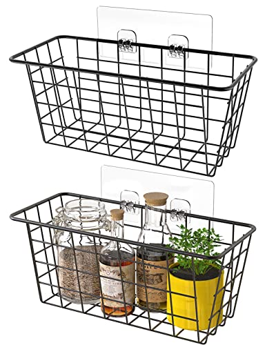  Hanging Kitchen Baskets Wire Storage Basket Adhesive Basket Over The Cabinet Door Organizer No Drilling, For Cabinet Pantry Organization And Kitchen, Bathroom, Storage, 2 Pack, Black
