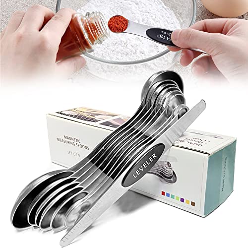  Measuring Spoons 9 Set, Stainless Steel Teaspoon Magnetic Measure Spoons, Dual Sided Kitchen Gadgets Fits In Spice Jars, Black