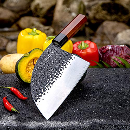  6.5 Inch Butcher Knife, 3 Layer 9CR18MOV Clad Steel W/octagon Handle Serbian Meat Cleaver Knife With Leather Knife Sheath