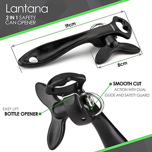 2 In 1 Safety Manual Can Opener (Smooth Edge) & Bottle Opener - Black/Stainless Steel