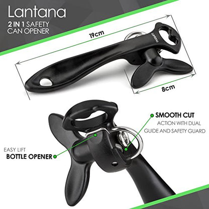  2 In 1 Safety Manual Can Opener (Smooth Edge) & Bottle Opener - Black/Stainless Steel