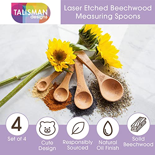  Laser Etched Beechwood Measuring Spoons | Set Of 4 | Honey Bee Design | Natural Wooden Measuring Spoons Set | Cute & Functional Kitchen Tools