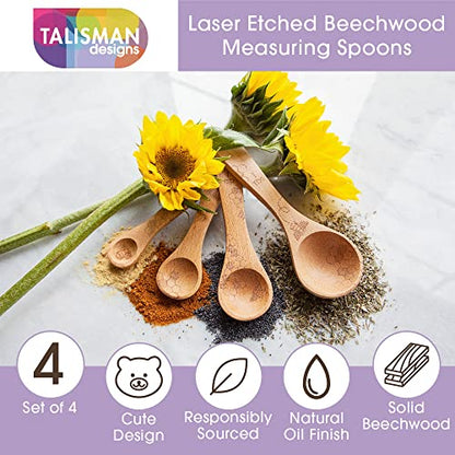  Laser Etched Beechwood Measuring Spoons | Set Of 4 | Honey Bee Design | Natural Wooden Measuring Spoons Set | Cute & Functional Kitchen Tools