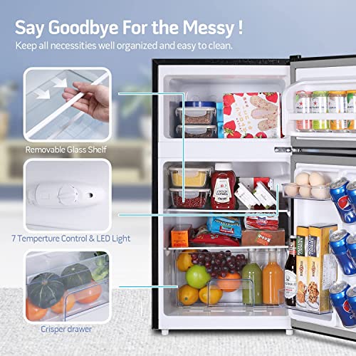  3.2 Cu.Ft Mini Fridge For Bedroom, Mini Refrigerator With Freezer, Dorm Fridge With Freezer, 2 Doors Perfect For Room And Office, Adjustable Temperature(Black)
