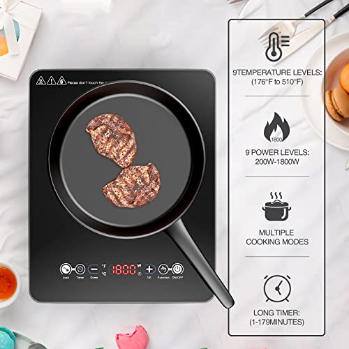  VBGK Induction Cooktop With Ultra Thin Body, Low Noise Hot Plate WithSensor Touch Single Electric Cooktops Countertop Stove With 9 Temperature & Power Levels, Timer, Safety Lock Induction Cooktop
