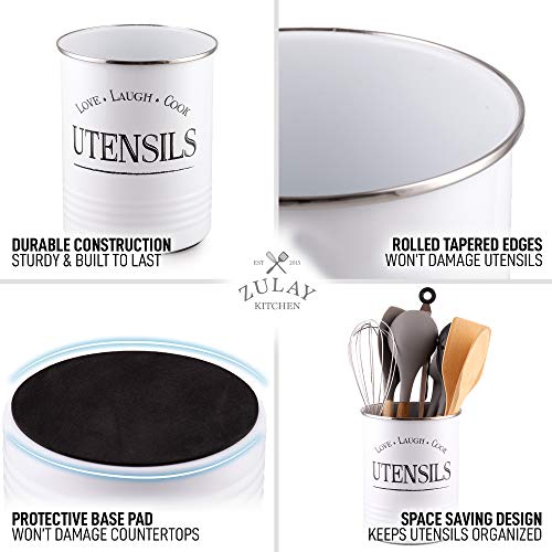  Large Utensil Crock Storage Organizer - Kitchen Utensil Holder For Countertop With Padded Base - Large Utensil Holder With Rustic Farmhouse Design For Home & Kitchen Decor (White)