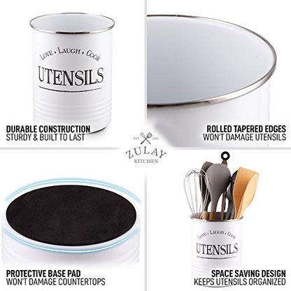  Large Utensil Crock Storage Organizer - Kitchen Utensil Holder For Countertop With Padded Base - Large Utensil Holder With Rustic Farmhouse Design For Home & Kitchen Decor (White)
