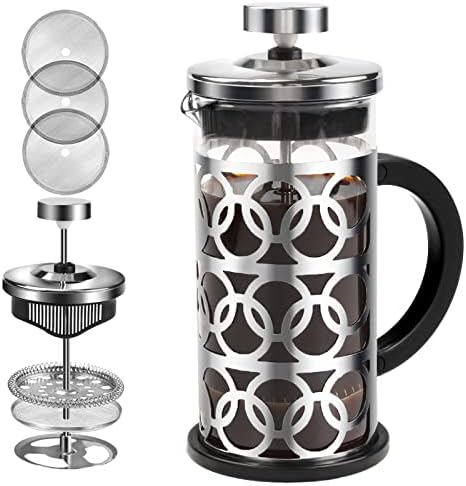  French Press Coffee Maker 12 Ounce Stainless Steel With Borosilicate Glass Heat Resistant 4 Level Filtration System For Brew Coffee & Tea Dishwasher Safe 350ml (12oz, Stainless Black)