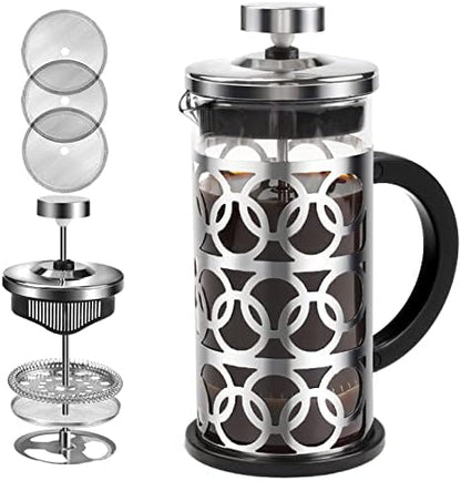  French Press Coffee Maker 12 Ounce Stainless Steel With Borosilicate Glass Heat Resistant 4 Level Filtration System For Brew Coffee & Tea Dishwasher Safe 350ml (12oz, Stainless Black)