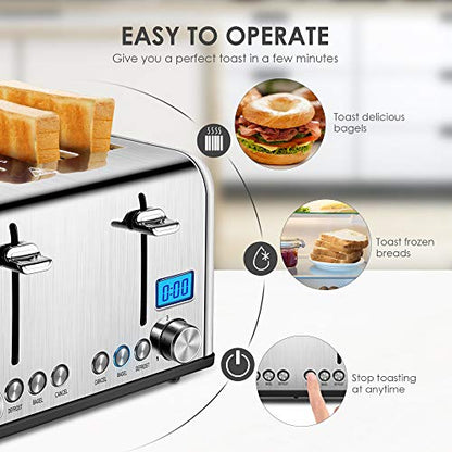 REDMOND 4 Slice Toaster, Countdown Stainless Steel Toaster With Bagel, Defrost, Cancel Function, Extra Wide Slots, 6 Bread Shade Settings, 1650W, ST030