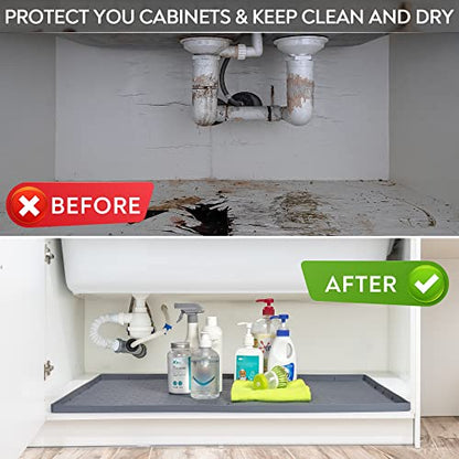  RESILION Flexible Waterproof Grey Silicone Under Sink Mat For Kitchen Cabinet With Drain Hole, 34" X 22" Silicone Under Sink Mat Liner Hold Up To 2 Gallons Liquid Sink Mats For Bottom Of Kitchen Sink