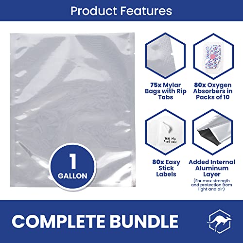  75x Wallaby 1-Gallon Mylar Bag Bundle - (5 Mil - 10" X 14") Mylar Bags, 80x 400cc Oxygen Absorbers, 80x Labels - Heat Sealable, Food Safe, & Reliable Long Term-Food Storage Solutions - Silver