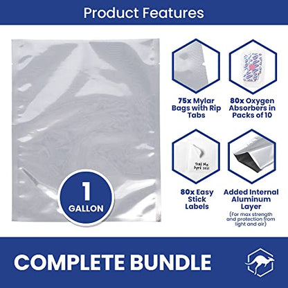  75x Wallaby 1-Gallon Mylar Bag Bundle - (5 Mil - 10" X 14") Mylar Bags, 80x 400cc Oxygen Absorbers, 80x Labels - Heat Sealable, Food Safe, & Reliable Long Term-Food Storage Solutions - Silver