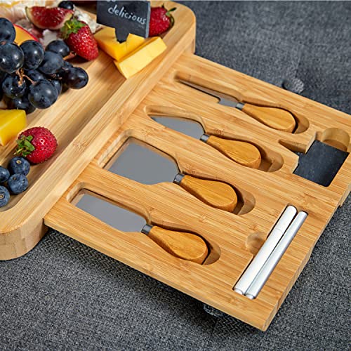  Unique Bamboo Cheese Board And Knife Set With 2 Slide-Out Cutlery Drawers - Charcuterie Boards Set & Cheese Platter - Ideal Anniversary, Wedding And Housewarming Gift